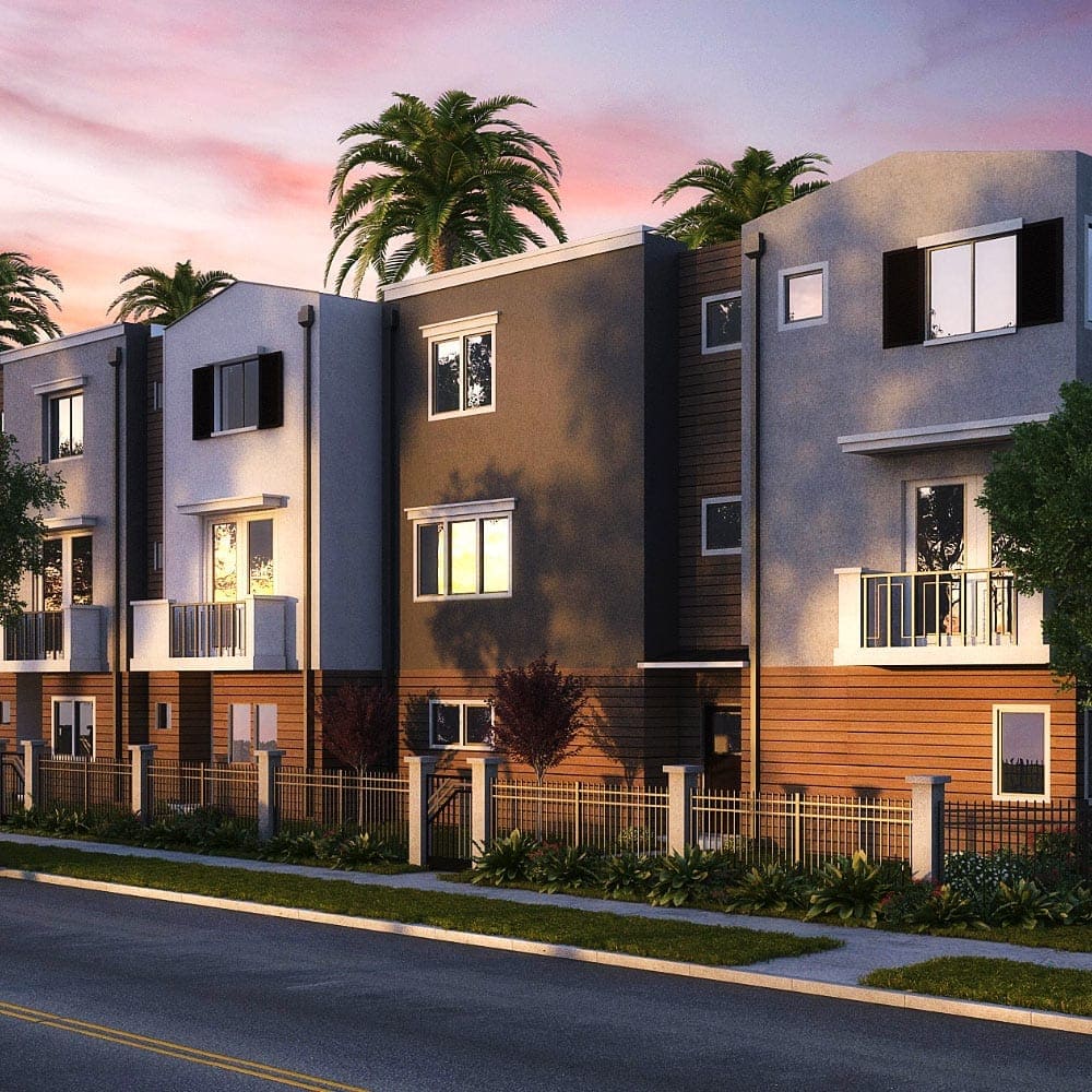 Modern residential buildings with palm trees at sunset in Aggieland.