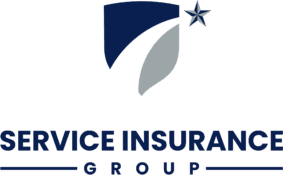 Logo for Service Insurance Group featuring a blue and gray shield with a star, and the company name in bold blue text below.