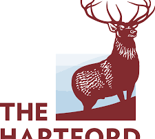 Logo of The Hartford featuring a maroon stag with large antlers standing on a hill, with the company name The Hartford below in bold capital letters.