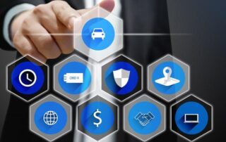 A person touches a transparent digital interface displaying icons for car, clock, navigation, shield, globe, handshake, dollar sign, OBD II, and a laptop.