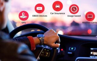 A person drives a car with one hand on the wheel; infographic icons highlight GPS, OBDII devices, car insurance, usage-based, and monitor center features.