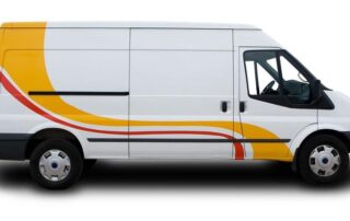 White delivery van with yellow and red curved stripes on the side, parked against a white background.