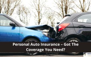 Two cars in a rear-end collision on a road with trees in the background; text overlay discusses personal auto insurance coverage.