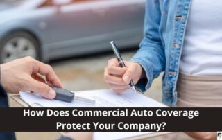 Two people stand by a car; one holds a clipboard and pen, while the other hands over car keys. Text reads, How Does Commercial Auto Coverage Protect Your Company?.