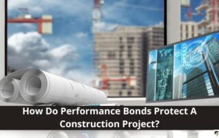 A desk with construction blueprints and a computer, set against a window with a cityscape and cranes, with the text How Do Performance Bonds Protect A Construction Project?.
