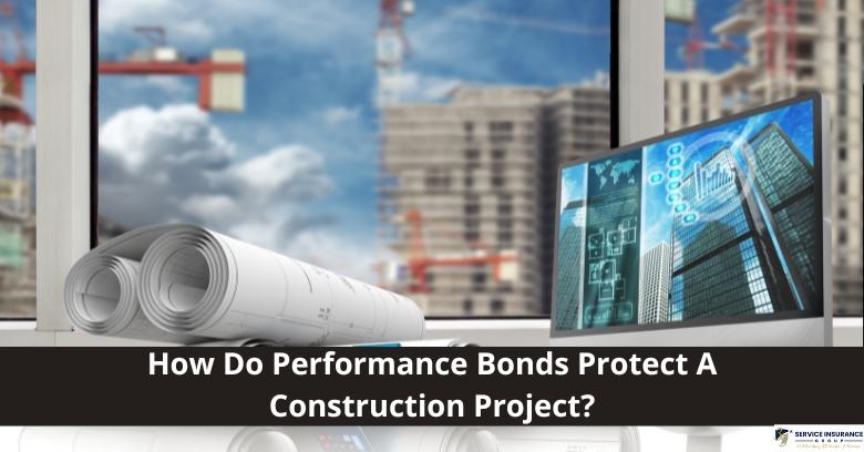 A desk with construction blueprints and a computer, set against a window with a cityscape and cranes, with the text How Do Performance Bonds Protect A Construction Project?.