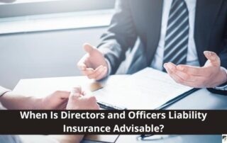 Two people in business attire sit at a table discussing documents. Text overlay reads: When Is Directors and Officers Liability Insurance Advisable?.