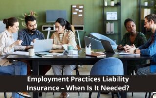 Five people sit around a table in a modern office, discussing work with laptops and papers; a banner reads Employment Practices Liability Insurance – When Is It Needed?.