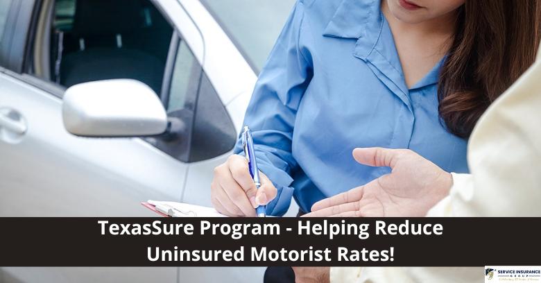 A woman fills out paperwork on a clipboard next to a car, with a mans hand visible; caption promotes the TexasSure Program for reducing uninsured motorist rates.