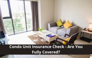 A modern, bright condo living room with sofa, chair, TV, and large window; overlaid text reads Condo Unit Insurance Check - Are You Fully Covered?.