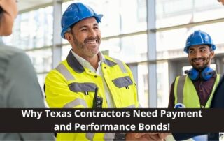 Two construction workers in safety gear shake hands with a woman indoors, with text about Texas contractors needing payment and performance bonds.