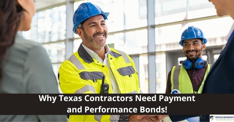 Two construction workers in safety gear shake hands with a woman indoors, with text about Texas contractors needing payment and performance bonds.