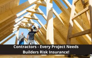 Two workers stand on the frame of a wooden roof under construction, with text promoting builders risk insurance for contractors.