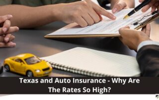 Two people review documents with a pen, next to a car key and a yellow toy car, discussing auto insurance rates in Texas.
