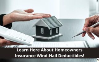 Two people discuss homeowners insurance; one holds a calculator, the other a pen, with a small model house between them and text about wind-hail deductibles below.