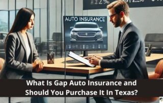 A man and woman sit at a desk in a modern office discussing auto insurance, with a digital display of a car and insurance policy in the background. Text reads: What Is Gap Auto Insurance and Should You Purchase It In Texas?.