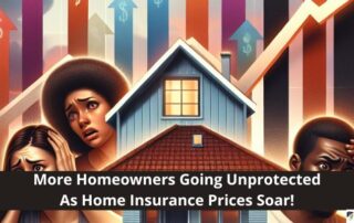 Three worried people stand in front of a house, with colorful upward arrows and dollar signs in the background, illustrating rising home insurance prices.