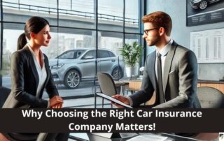 A man and woman in business attire discuss documents in a modern office with cars visible outside; text reads, Why Choosing the Right Car Insurance Company Matters!.