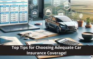 A desk with a laptop, documents, and a model car displays car insurance data and coverage options, with the text Top Tips for Choosing Adequate Car Insurance Coverage!.