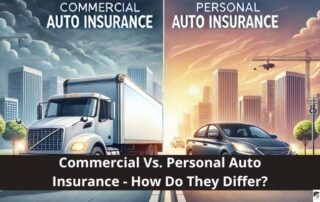Split image showing a commercial truck on the left and a personal car on the right, with text comparing commercial and personal auto insurance.