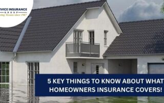A flooded suburban house with water covering the front yard; text reads 5 key things to know about what homeowners insurance covers!.