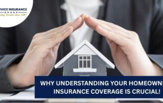A person shields a small model house with their hands; text reads, Why understanding your homeowners insurance coverage is crucial!.