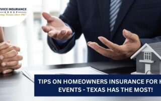 Two people discuss homeowners insurance at a desk with documents and a model house; text highlights tips for hail insurance in Texas.