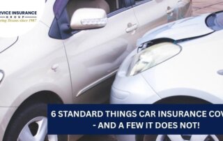 Two cars are shown after a collision, with visible damage to the front of one vehicle. A text overlay reads, 6 standard things car insurance covers - and a few it does not!.
