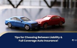 Two toy cars, one blue and one red, positioned as if theyve collided, with text about choosing between liability and full coverage auto insurance.