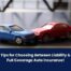 Two toy cars, one blue and one red, positioned as if theyve collided, with text about choosing between liability and full coverage auto insurance.