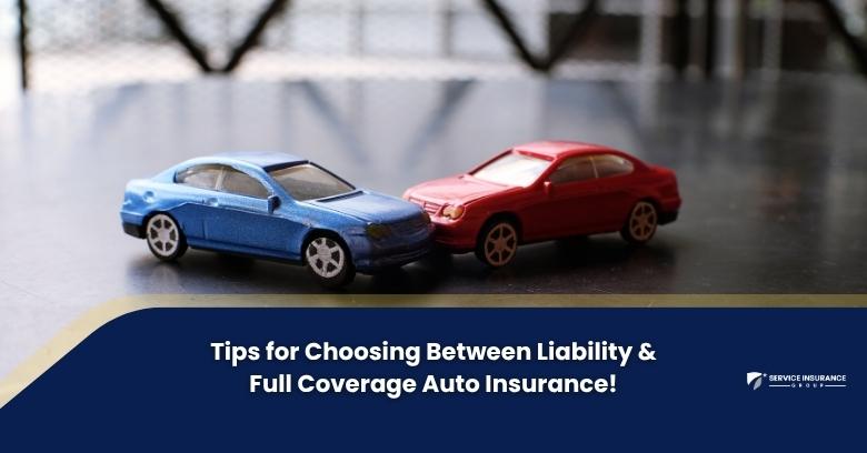 Two toy cars, one blue and one red, positioned as if theyve collided, with text about choosing between liability and full coverage auto insurance.