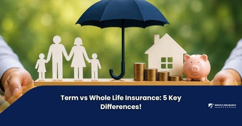 Paper cutouts of a family, a house, and a piggy bank with coins are under a blue umbrella. Text reads, Term vs Whole Life Insurance: 5 Key Differences!.